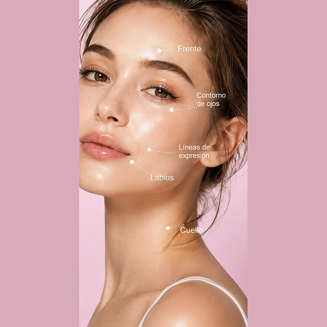 Zonas donde se aplica: frente, contorno de ojos, líneas de expresión, labios y cuello
