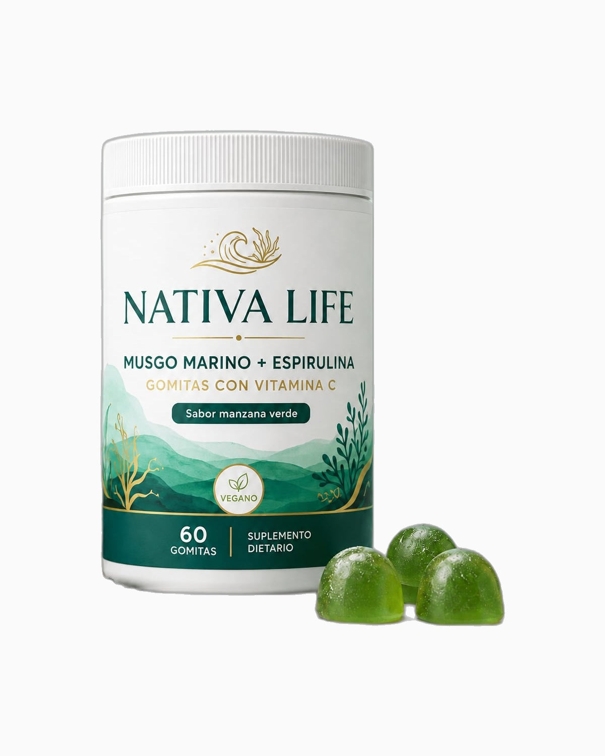 Gomitas de musgo marino y espirulina · frasco de 60 gomitas