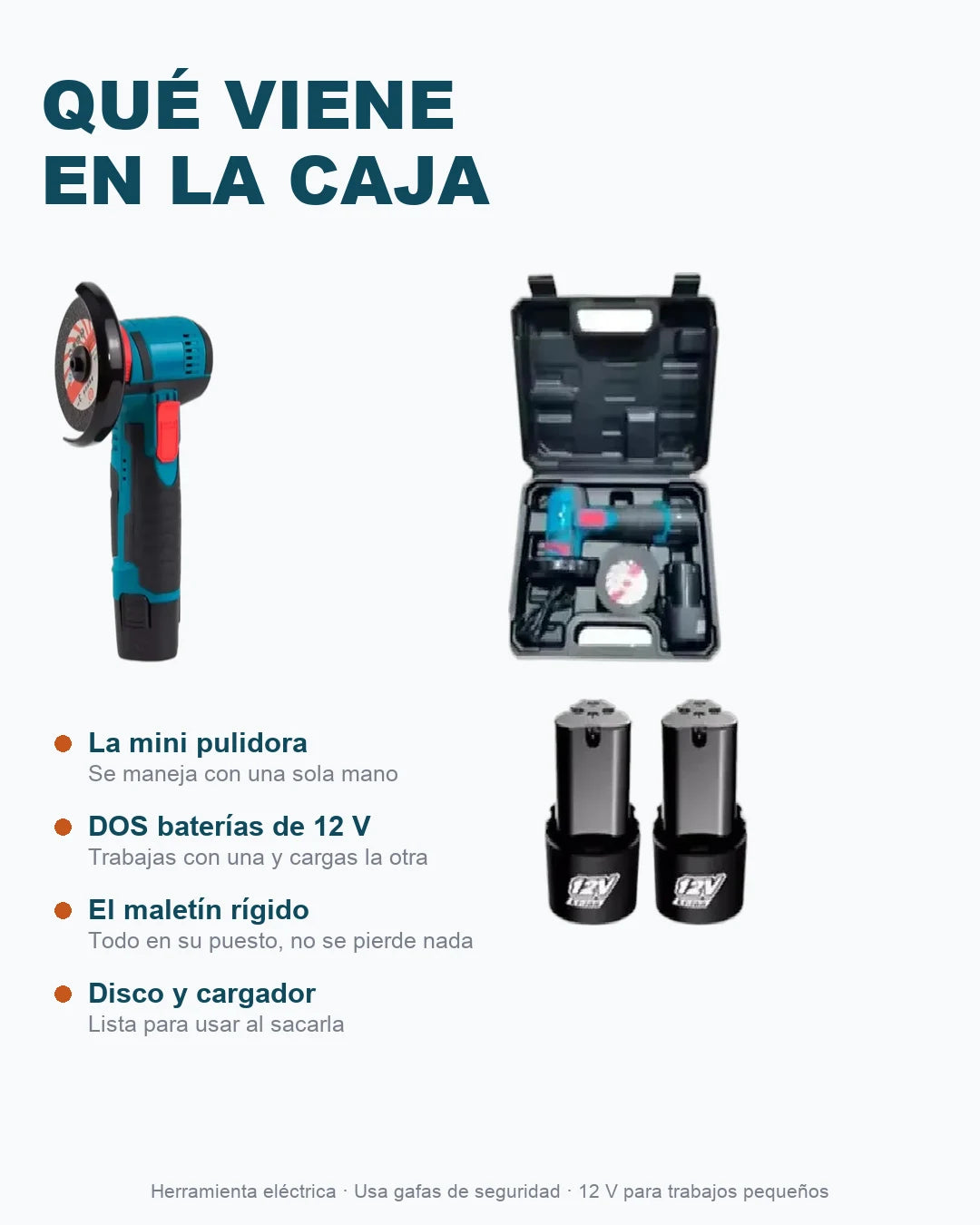 Qué viene en la caja: la pulidora, dos baterías de 12 V y el maletín