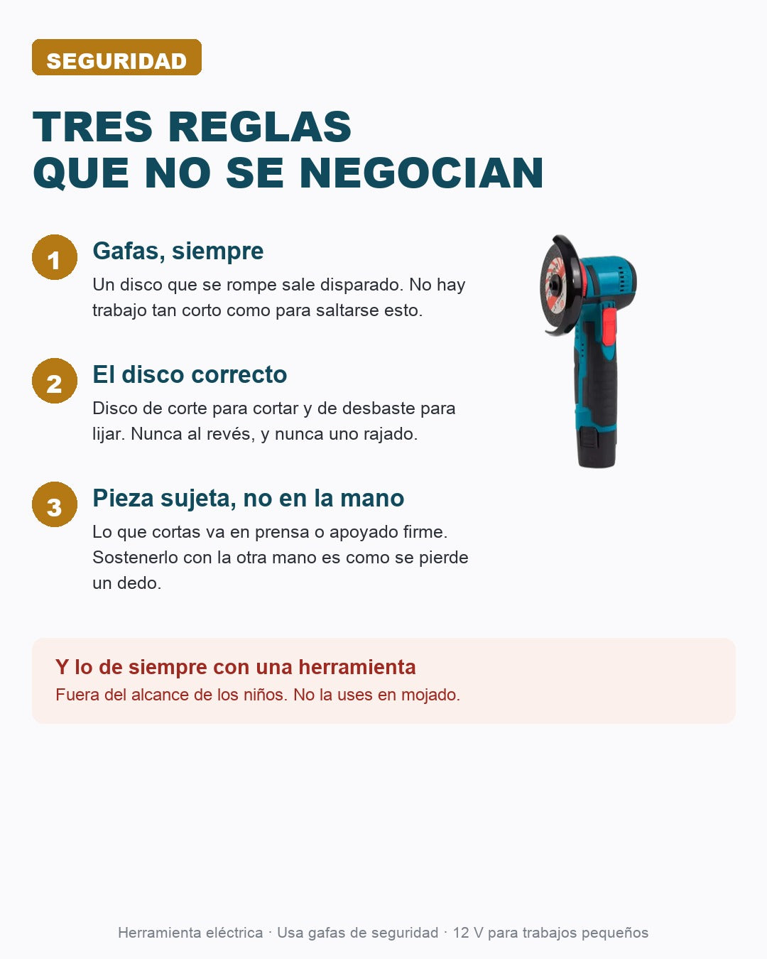 Tres reglas que no se negocian: gafas, el disco correcto y la pieza sujeta