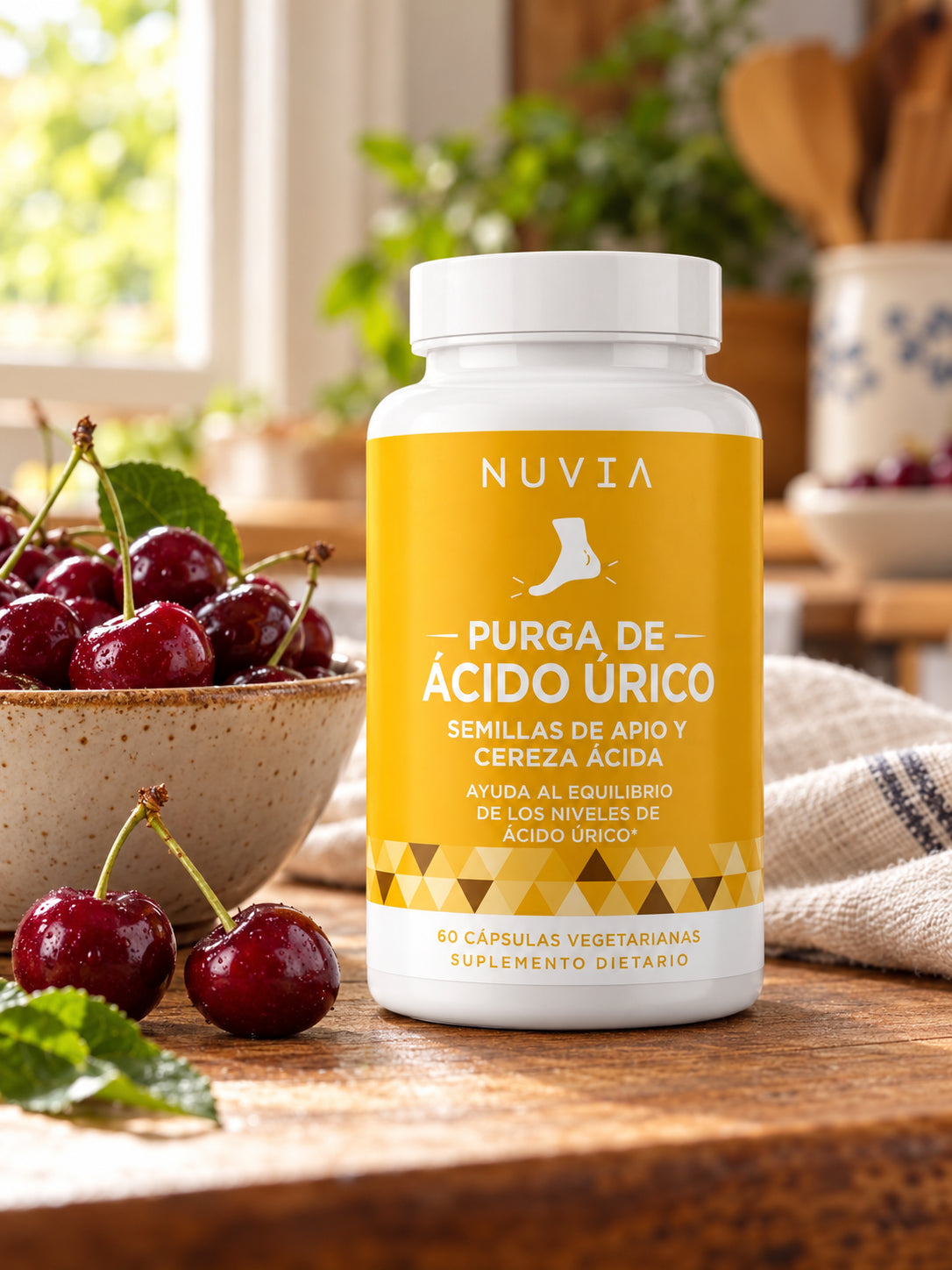 Nuvia junto a un tazón de cerezas ácidas