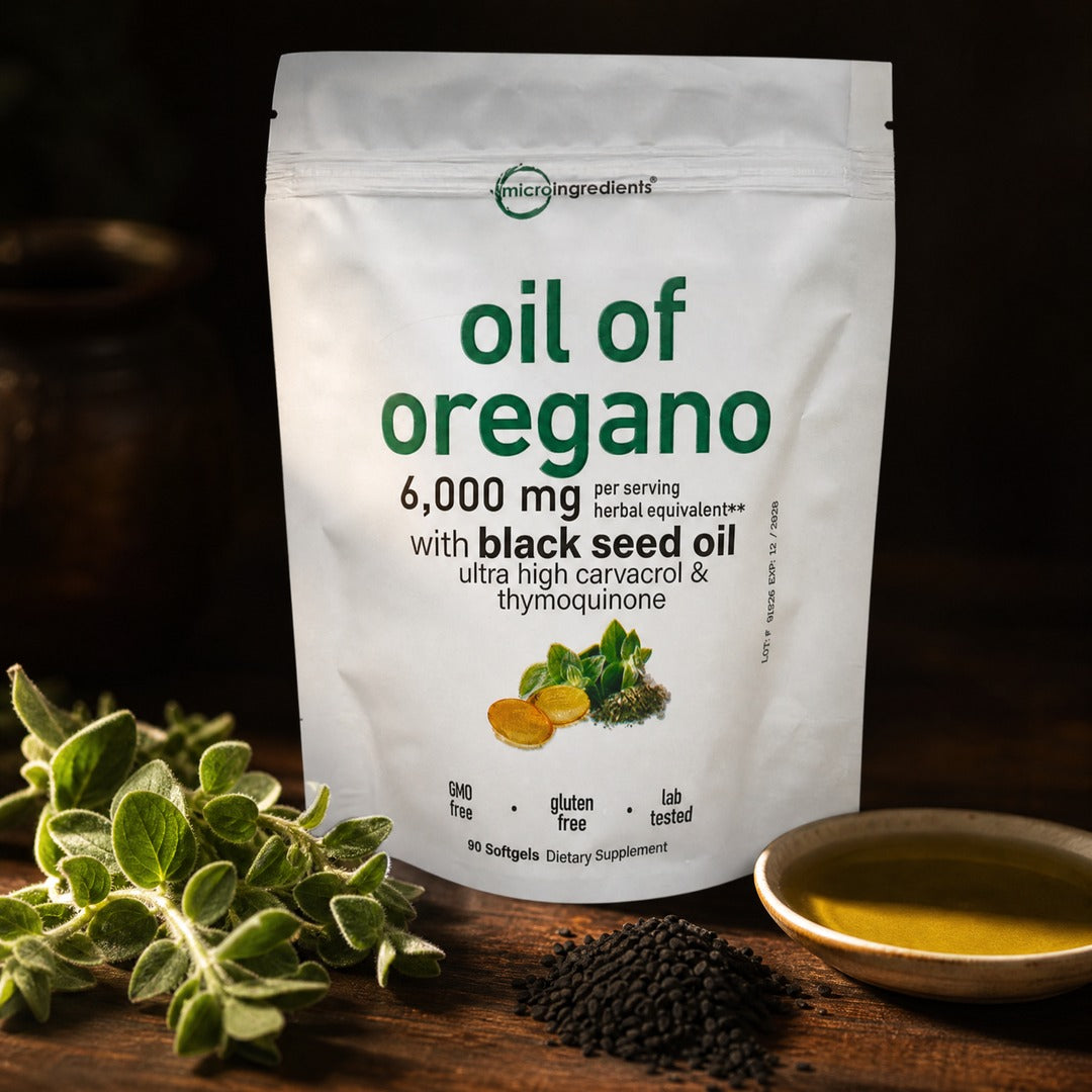 La bolsa de Oil of Oregano con orégano fresco, comino negro y aceite de oliva