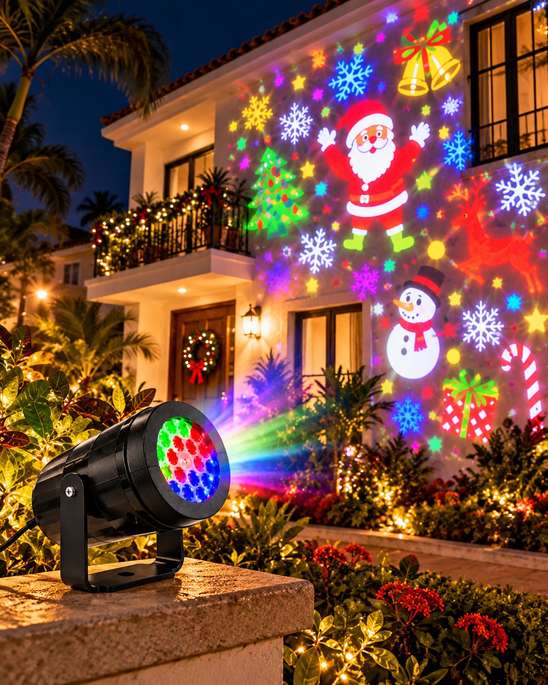 Fachada de una casa con figuras de Navidad proyectadas