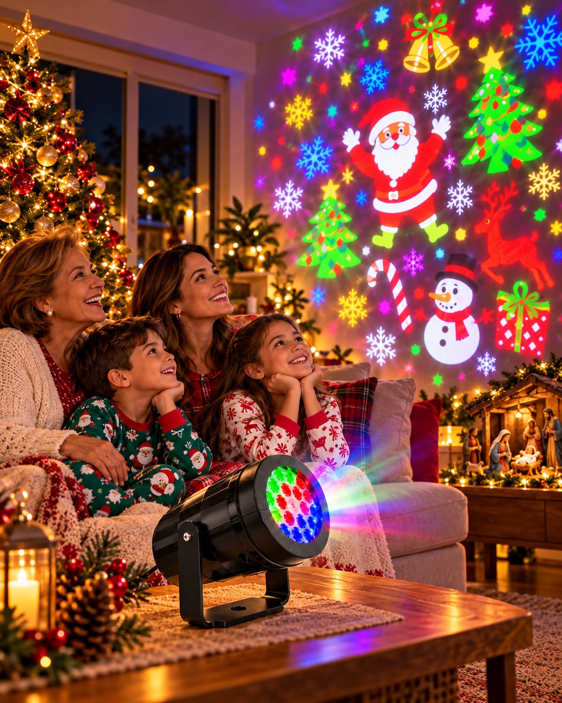 Familia mirando las figuras de Navidad proyectadas en la sala