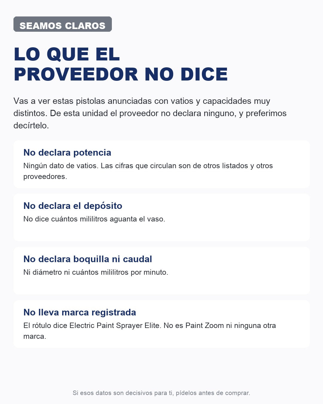 Lo que el proveedor no declara: potencia, depósito, boquilla y caudal