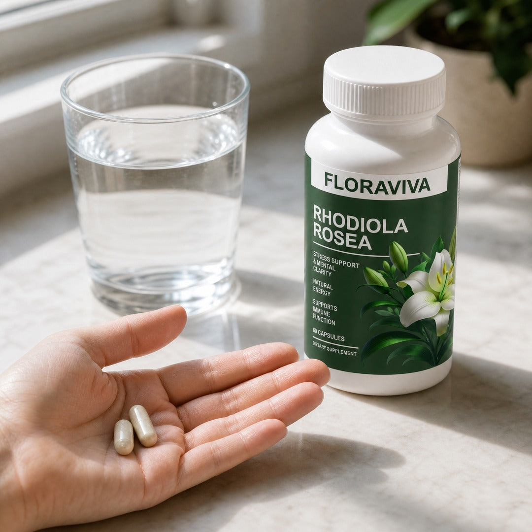 Dos cápsulas en la mano con un vaso de agua