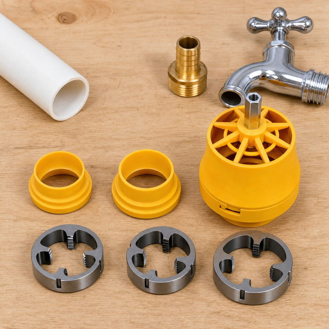 Las piezas del kit junto a un tubo de PVC y una conexión