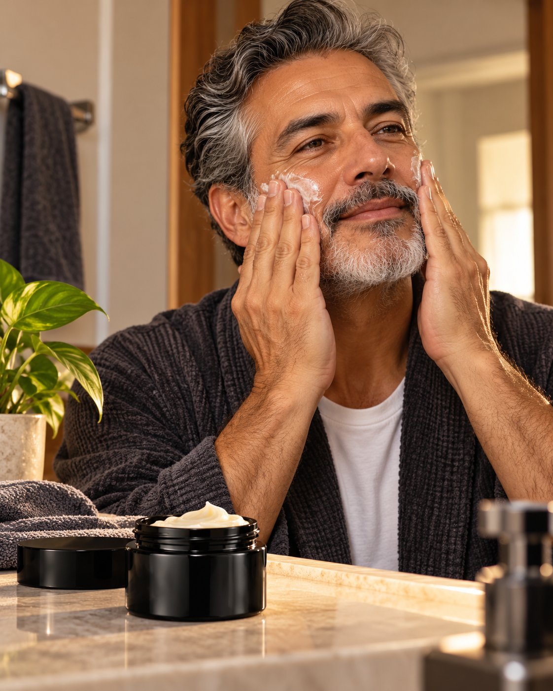 Hombre de barba gris aplicando el bálsamo en la cara