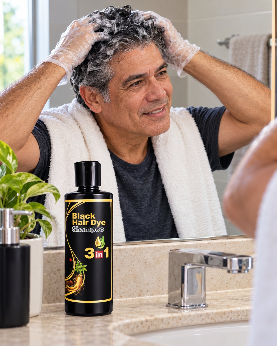 Hombre aplicando el shampoo en el pelo y las patillas