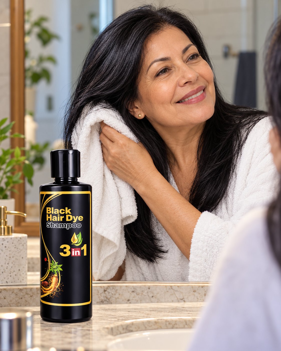 Mujer con el cabello negro parejo frente al espejo