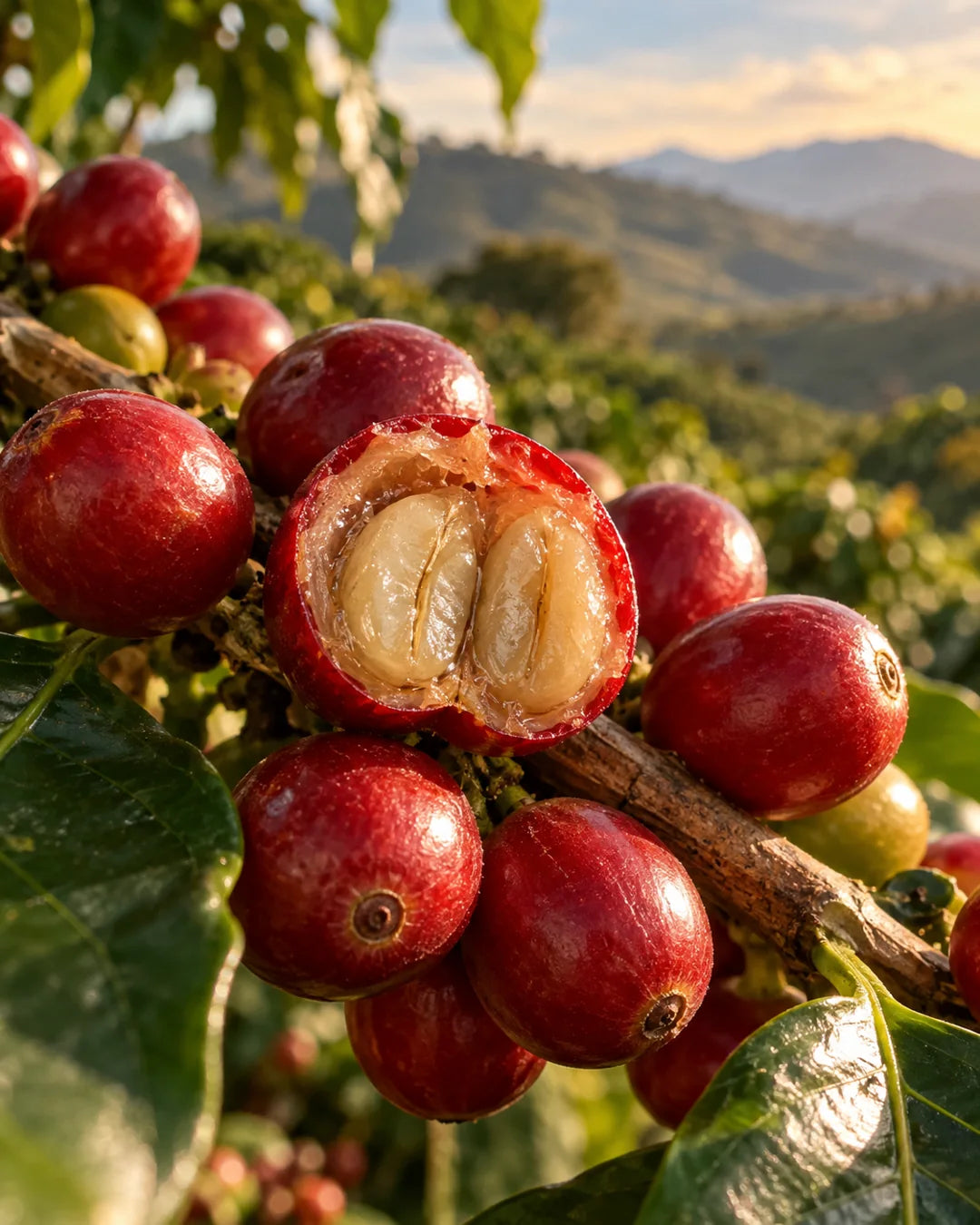Cereza de café abierta con su mucílago