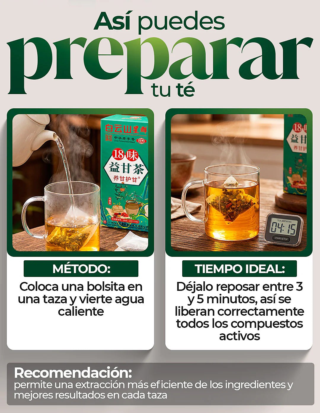 Cómo preparar el té: un sobre, agua hirviendo, 3 a 5 minutos