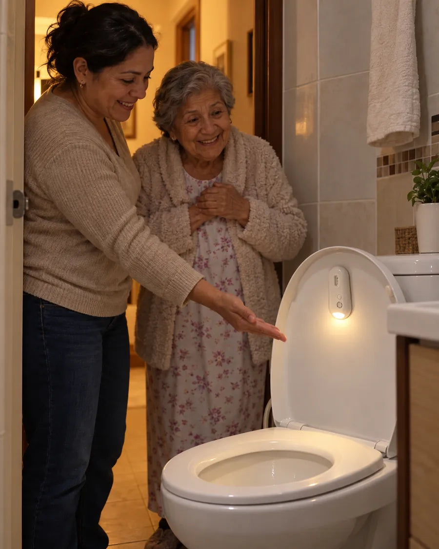 Una hija le muestra a su mamá la luz nocturna del inodoro